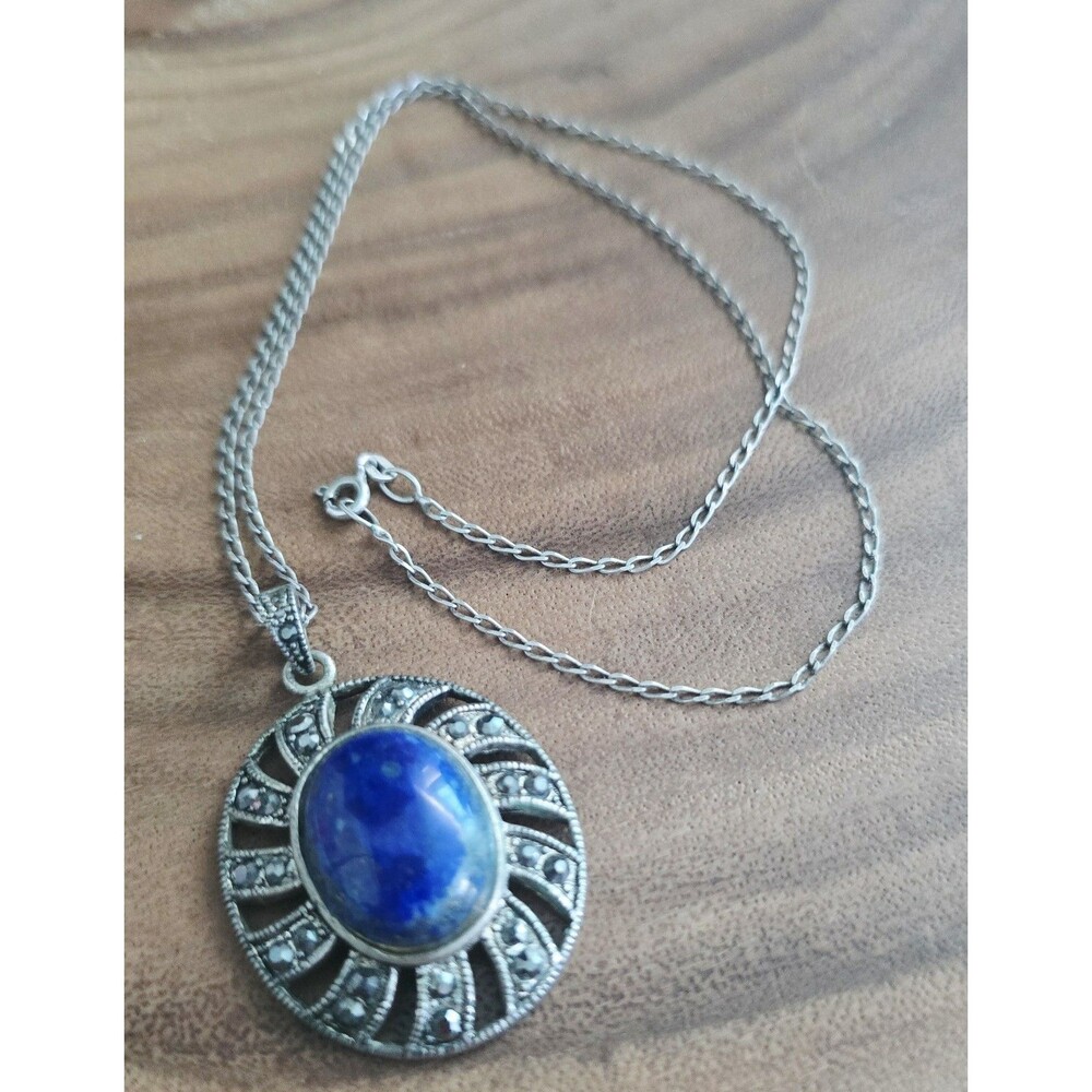 Vintage Necklace 925 Sterling Silver Chain Blue Lapis  Marcasite Pendant